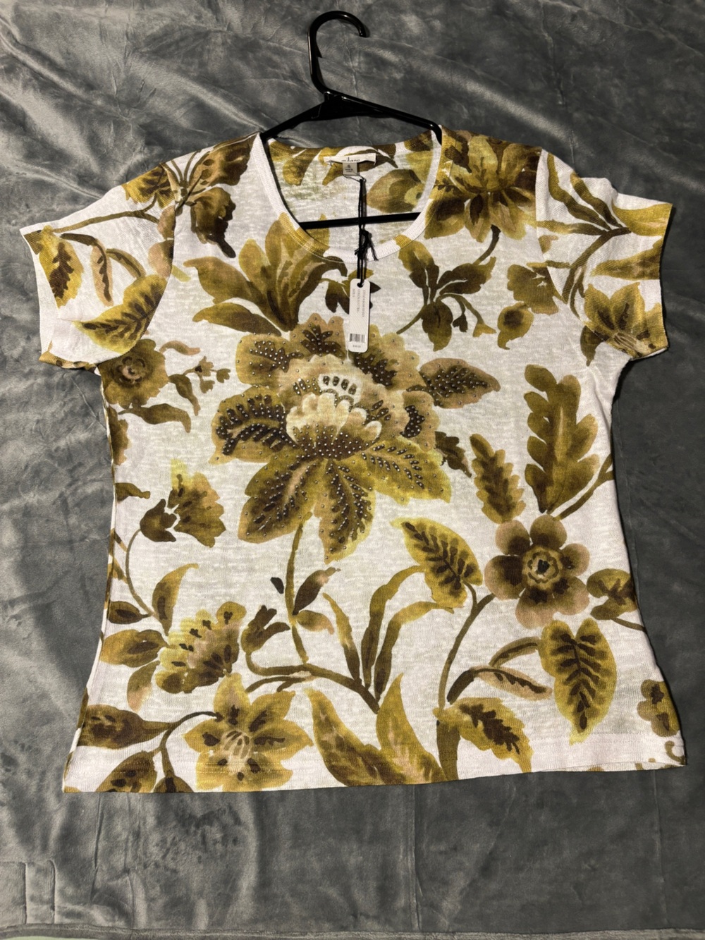 Milano Floral V-Neck Short Sleeve Tee - Shades of Olive Green w/Silver Beads S